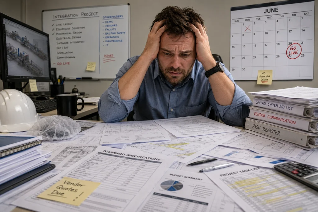 Stressed project manager reviewing engineering plans and integration documents at a cluttered desk while a go-live deadline approaches.