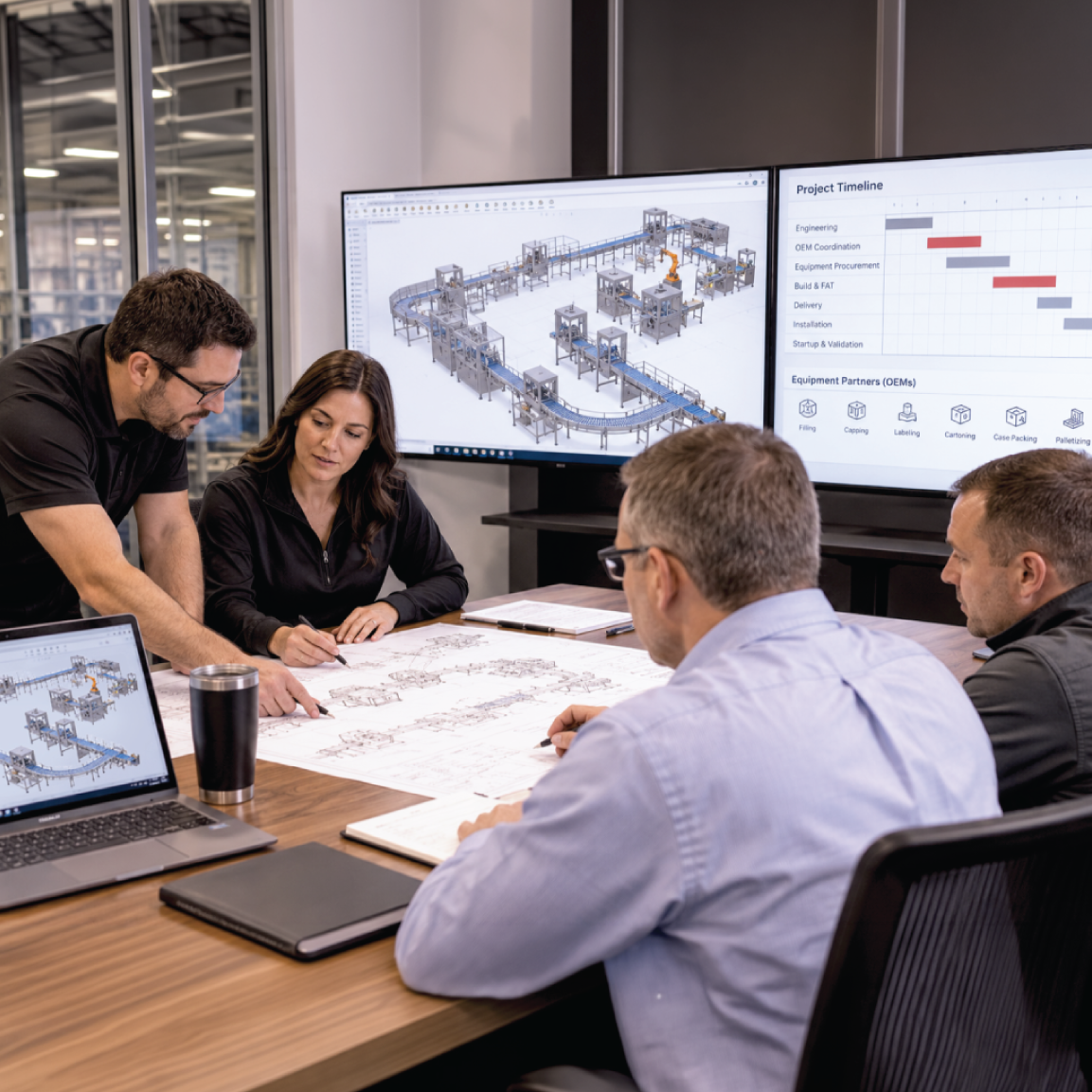 IPM team collaborating on packaging line engineering and OEM coordination