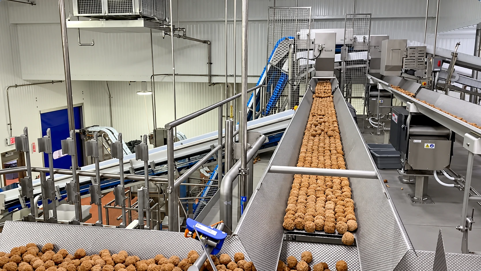 Frozen plant-based meatballs moving along stainless steel product distribution conveyors on the packaging line.